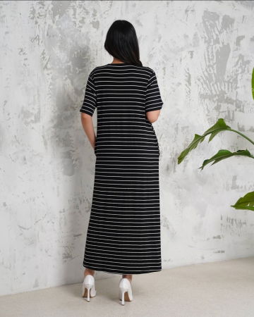 Rochie A-line lunga din jerseu de vascoza, neagra cu dungi albe [5]