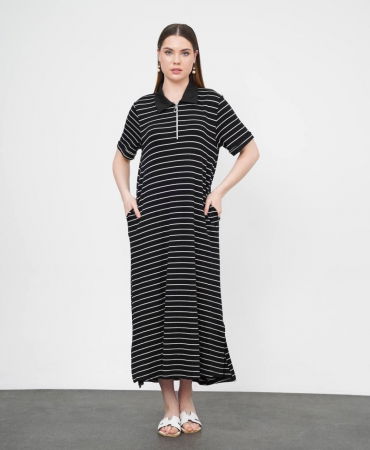 Rochie camasa cu fermoar din jerseu de vascoza, neagra cu dungi albe [2]