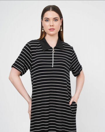 Rochie camasa cu fermoar din jerseu de vascoza, neagra cu dungi albe [3]