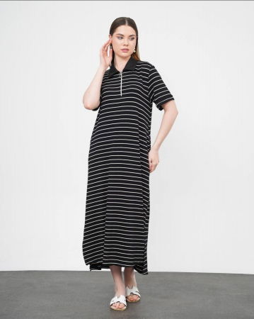 Rochii din Vâscoză - Rochie camasa cu fermoar din jerseu de vascoza, neagra cu dungi albe