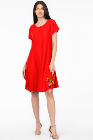 Rochii masuri mari - Rochie `A line` rosie din in mercerizat usor creponat, cu imprimeu fluture multicolor