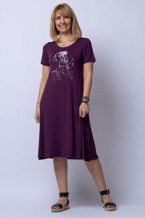 Rochii - Rochie `A line` midi, bordo din tricot cu imprimeu chip de fata