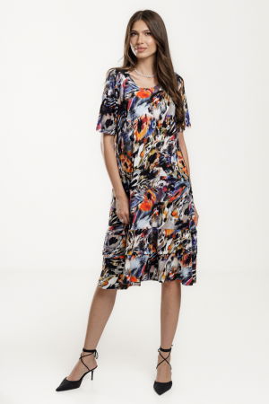 Rochii din Jerseu - Rochie `A line` midi, cu doua volane poale, din vascoza, cu imprimeu pictural