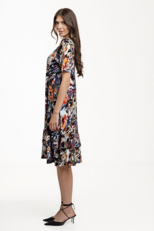 Rochie `A line` midi, cu doua volane poale, din vascoza, cu imprimeu pictural [1]