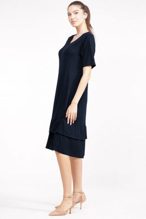 Rochie `A line` midi, cu doua volane poale, din bumbac bleumarin [1]