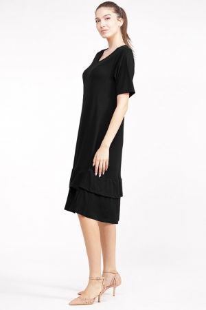 Rochie `A line` midi, cu doua volane poale, din bumbac neagra [1]