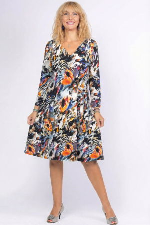 Rochii Casual - Rochie `A line` midi, cu nod intr-o parte, din vascoza, cu imprimeu pictural