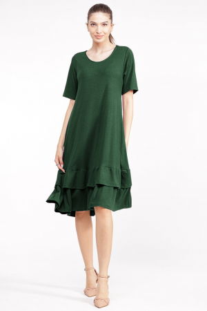 Rochii Casual - Rochie `A line` midi, cu doua volane poale, din bumbac verde