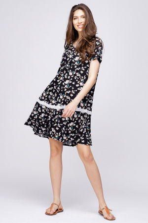 Rochie `A line` midi, cu imprimeu floricele pe fond negru [1]