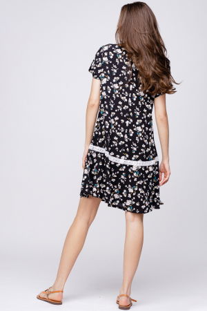 Rochie `A line` midi, cu imprimeu floricele pe fond negru [2]