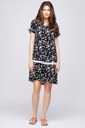 Rochii din Vâscoză - Rochie `A line` midi, cu imprimeu floricele pe fond negru