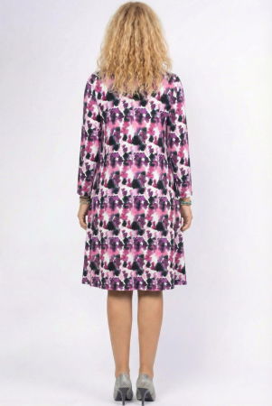 Rochie `A line` midi, cu nod intr-o parte, din vascoza, cu imprimeu pictural mov si  fucsia [1]