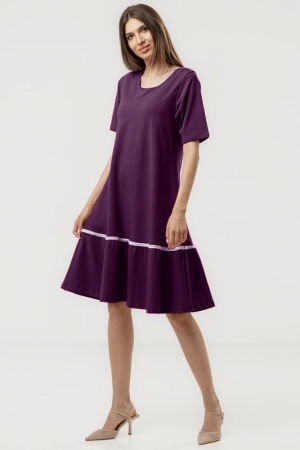 Rochie `A line` midi, cu volan si dantela din bumbac, mov inchis [1]