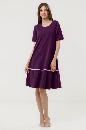 Rochii - Rochie `A line` midi, cu volan si dantela din bumbac, mov inchis