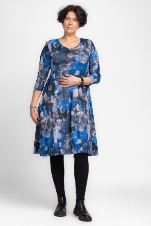 Rochii masuri mari - Rochie `A line` midi, din jerseu de vascoza, cu imprimeu albastru-gri