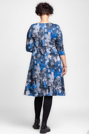 Rochie `A line` midi, din jerseu de vascoza, cu imprimeu albastru-gri [3]