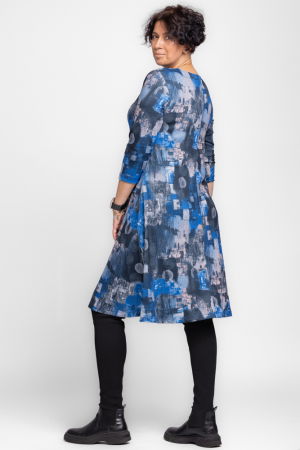 Rochie `A line` midi, din jerseu de vascoza, cu imprimeu albastru-gri [2]