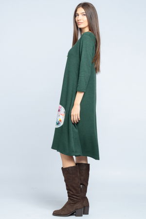 Rochie `A line` midi, din jerseu moale cu aplicatie flori, verde inchis [1]