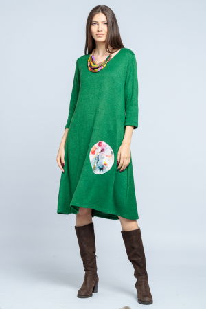 Rochii masuri mari - Rochie `A line` midi, din jerseu moale cu aplicatie flori, verde smarald