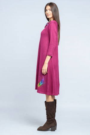 Rochie `A line` midi, din jerseu moale cu imprimeu lateral pana, mov zmeura [1]