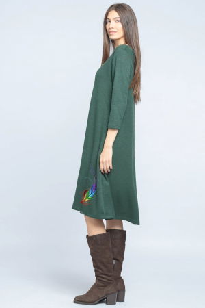 Rochie `A line` midi, din jerseu moale cu imprimeu lateral pana, verde inchis [1]