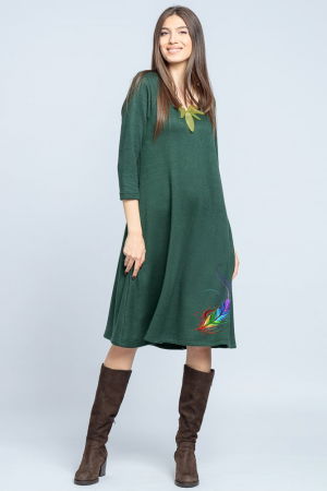 Rochii masuri mari - Rochie `A line` midi, din jerseu moale cu imprimeu lateral pana, verde inchis