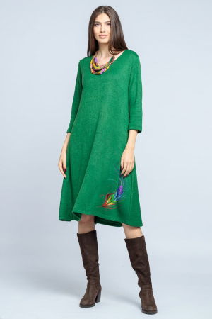 Rochii masuri mari - Rochie `A line` midi, din jerseu moale cu imprimeu lateral pana, verde