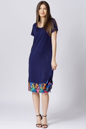 Rochie bleumarin din vascoza cu volan imprimeu geometric si sireturi laterale [1]