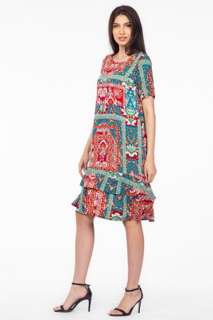 Rochie `A line` midi, din vascoza cu imprimeu aztec si doua volane poale [1]