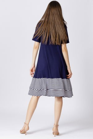 Rochie `A line` midi, din vascoza cu doua volane la poale in dungi marinar [2]