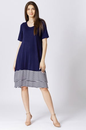 Rochii din Vâscoză - Rochie `A line` midi, din vascoza cu doua volane la poale in dungi marinar