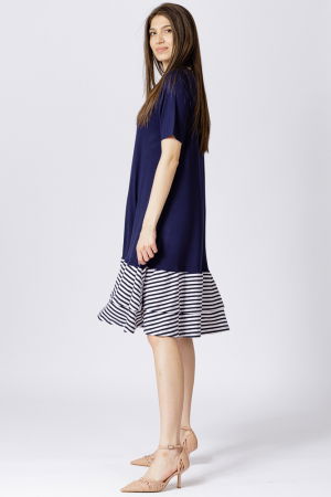 Rochie `A line` midi, din vascoza cu doua volane la poale in dungi marinar [1]