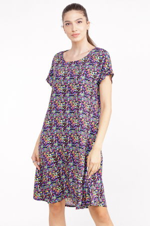MĂSURI MARI - Rochie `A line` midi din vascoza, cu imprimeu geometric mov
