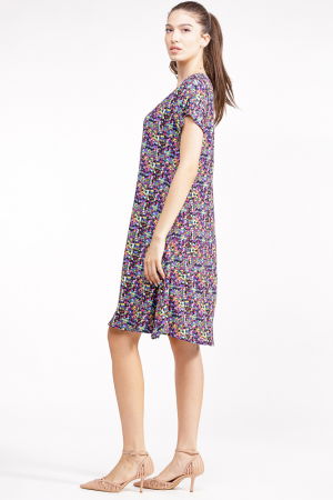 Rochie `A line` midi din vascoza, cu imprimeu geometric mov [2]