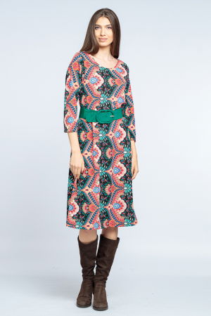 Rochie `A line` midi, imprimeu oriental roz pe fond negru [3]