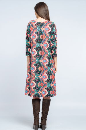 Rochie `A line` midi, imprimeu oriental roz pe fond negru [2]