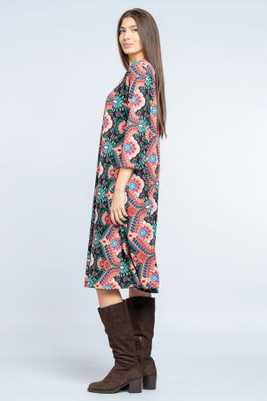 Rochie `A line` midi, imprimeu oriental roz pe fond negru [1]