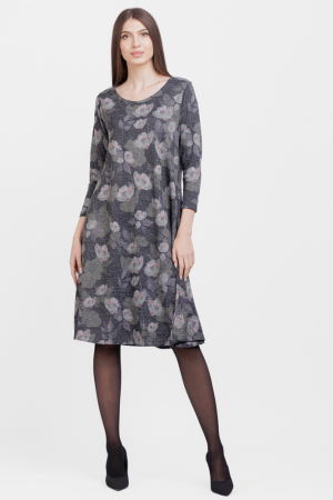 Rochii din Jerseu - Rochie gri `A line` midi cu imprimeu flori albe, din jerseu de vascoza cu lurex