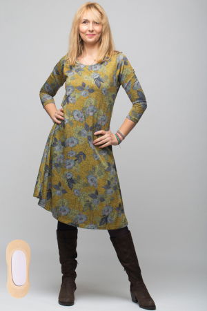 Rochie mustar `A line` midi, imprimeu flori albastrui, din jerseu de vascoza, cu lurex [5]