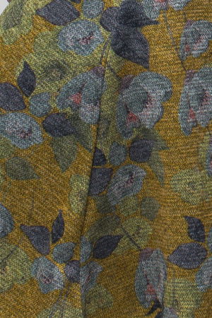 Rochie mustar `A line` midi, imprimeu flori albastrui, din jerseu de vascoza, cu lurex [6]