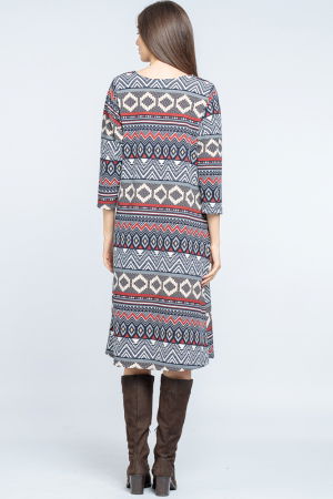 Rochie `A line` midi, imprimeu geometric bleumarin-bordo [2]