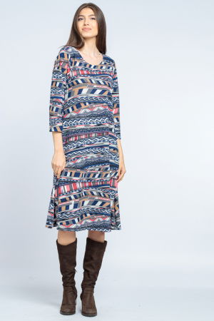 Rochii din Jerseu - Rochie `A line` midi, imprimeu geometric liniar albastru-rosu