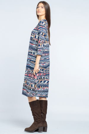 Rochie `A line` midi, imprimeu geometric liniar albastru-rosu [1]