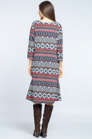 Rochie `A line` midi, imprimeu geometric bleumarin-rosu [2]