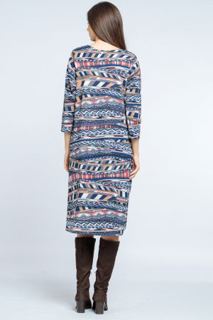 Rochie `A line` midi, imprimeu geometric liniar albastru-rosu [2]