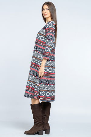 Rochie `A line` midi, imprimeu geometric bleumarin-rosu [1]