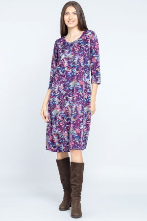 Rochie `A line` midi, imprimeu vegetal predominant mov [1]