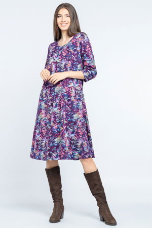 Rochii din Jerseu - Rochie `A line` midi, imprimeu vegetal predominant mov