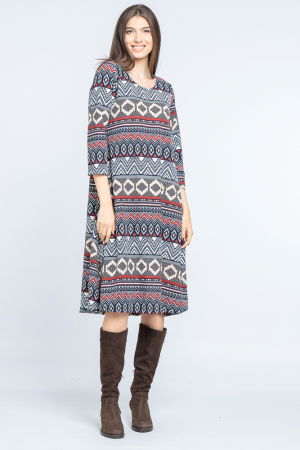 Rochii masuri mari - Rochie `A line` midi, imprimeu geometric bleumarin-bordo