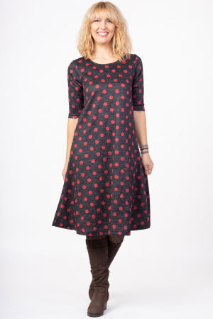 Rochii - Rochie `A line` midi, imprimeu buline rosii pe fond negru